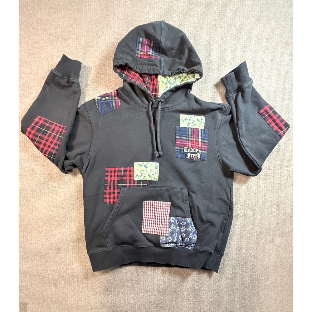 Teddy Fresh Black Patchwork Plaid Floral Hoodie Med Women Mens Streetwear